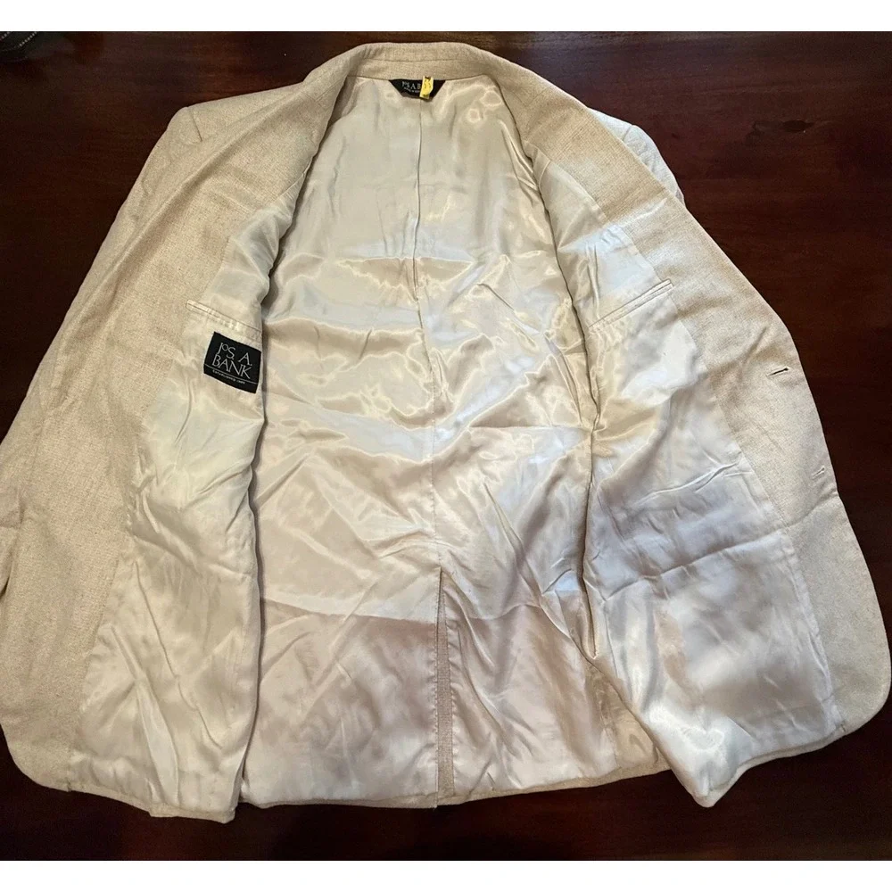 Jos. A. Bank Mens 43R 100% Silk Blazer Sport Coat Beige Two Button Textured 43 R